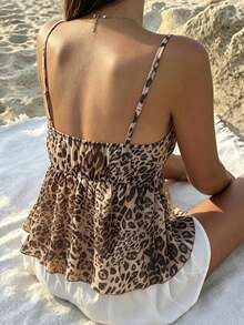 Spaghetti Strap Top With Patchwork Leopard Print Pattern, Polyester Lace Splice, Vacation & Beach Casual Summer - Khaki - View 5