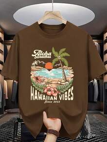 Camiseta de verano para hombre, de cuello redondo, holgada, moderna, versátil, de manga corta, casual, cómoda, transpirable, con un elegante estampado. - Marrón claro - Ver 1