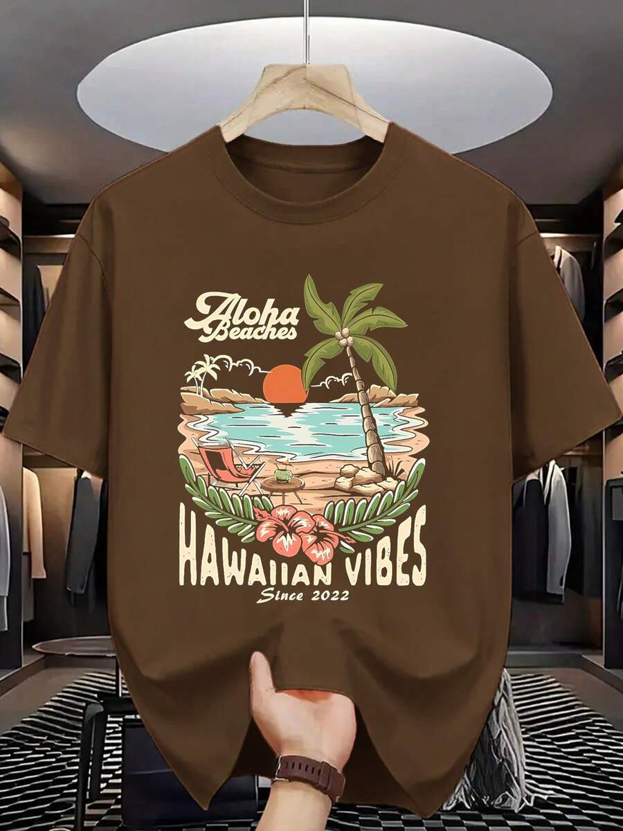 Camiseta de verano para hombre, de cuello redondo, holgada, moderna, versátil, de manga corta, casual, cómoda, transpirable, con un elegante estampado. - Marrón claro - Ver 1