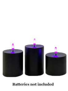 Velas de Halloween, Velas negras sin llama, Velas LED de pilar con control remoto y función de temporizador (Baterías no incluidas), Adecuadas para decoración de vacaciones, Regalo de vacaciones, Crear ambiente de Halloween (Juego de 3 piezas, Baterías no incluidas) - Luz morada negra - Ver 9