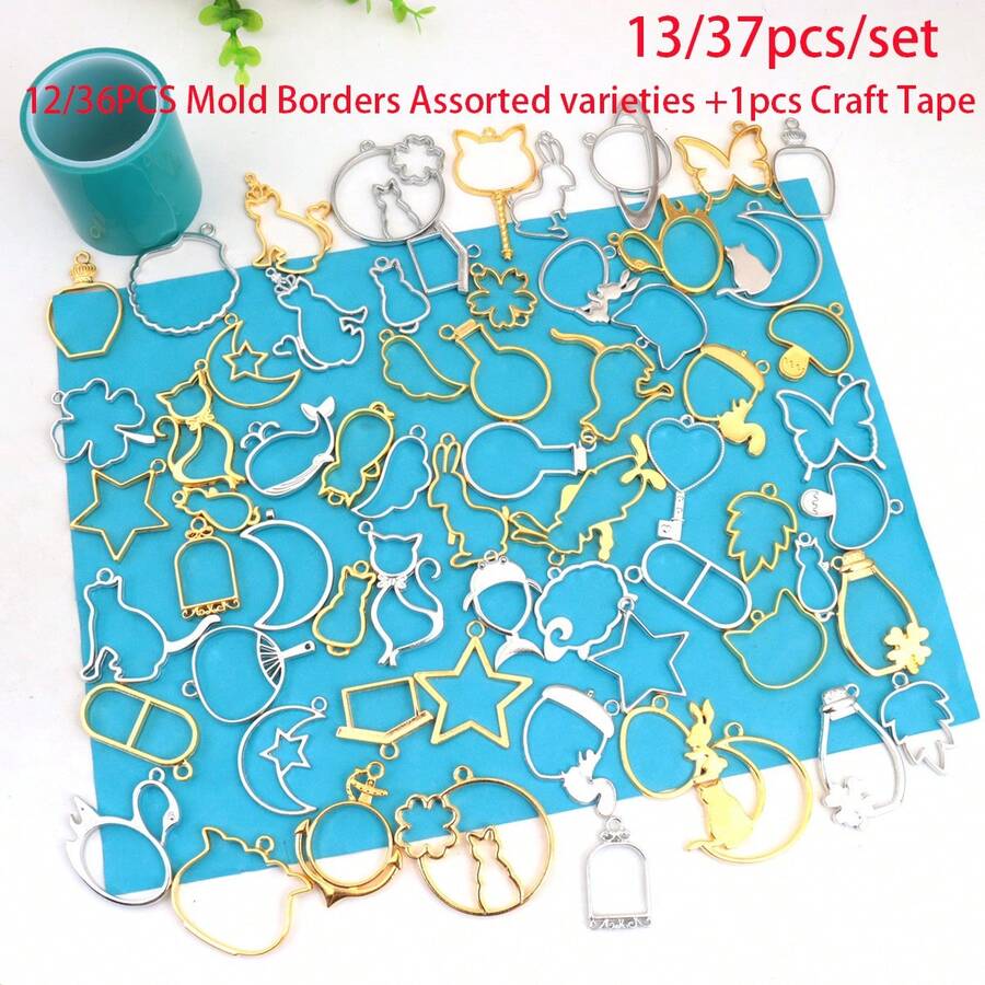 13PCS/Set, 37PCS/Set Random Mixed Color & Style Animal/Abstract Metal Hollow Frame, Gold/Silver Plated Mixed Color DIY Crystal Resin Bezel Pendant, UV Resin Mold, Handmade Beaded Earring Necklace Charm Accessory - A4205 - View 1