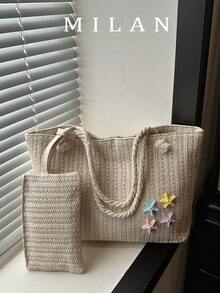 Fresh Star Woven Tote Bag 2026 New Style Mother-Daughter 2-Piece Set Shoulder Bag Fashion Korean Version Vacation Woven Women's Bag - Beige - View 2