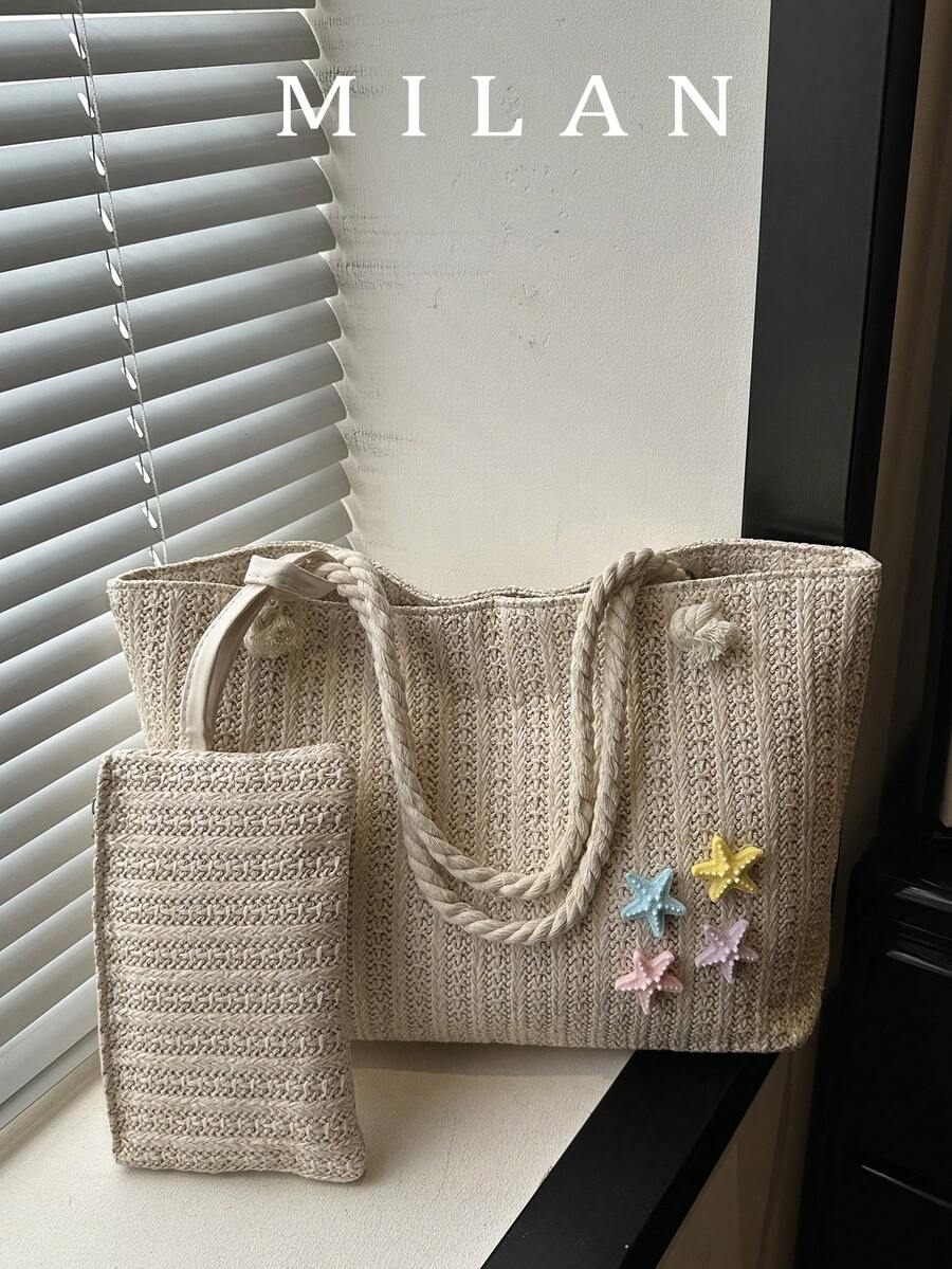 Fresh Star Woven Tote Bag 2026 New Style Mother-Daughter 2-Piece Set Shoulder Bag Fashion Korean Version Vacation Woven Women's Bag