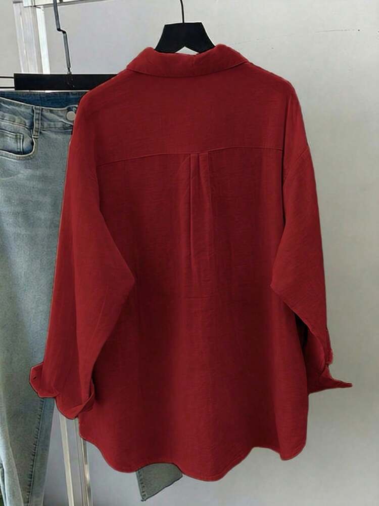 Blusa de mujer con cuello de camisa de tela de poliéster tejida amarilla, manga larga de hombro caído, con bolsillos, para primavera/verano - Rojo - Añade 1