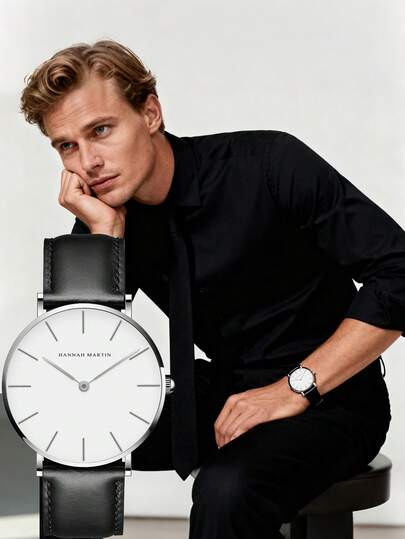 HANNAH MARTIN 1pc Elegant Men's Quartz Watch,White Dial,Brown&Black PU Leather Straps,Daily Wear Minimalist Men's Watch,Black Gifts Box,Gifts For Fathers/Boyfriends