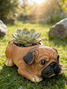 1pc Creative Realistic Pug Dog Planter Statue, Indoor Courtyard Garden Home Decor Craft - Pug - View 2