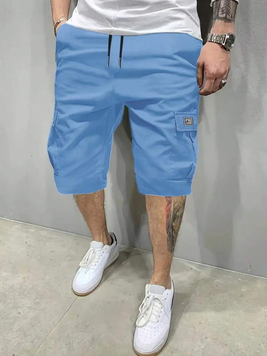 夏季輕量男士街頭風寬鬆工裝短褲 純色抽繩彈性腰休閒運動短褲 - 淺藍色 - 查看 1