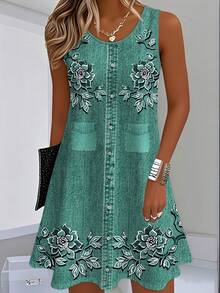Vestido de verano con degradado de color y estampado de plantas, estilo vintage, sin mangas, corte , holgado y estilizador. - Rojo - Ver 8