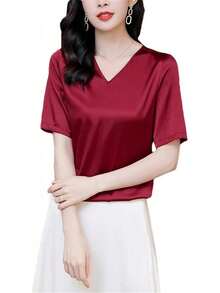 Blusa básica de seda de verano para mujer, elegante, cuello en V, manga corta, color liso, para oficina o dama - Color - Ver 8