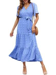 COLIZAMX Vestido Largo para Mujer de Verano con Cuello en V Vestido Elegante de Sólido Manga Corta - Verde oscuro - Ver 10