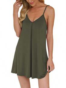 Camisón AUHEGN para Mujer, Ropa de Dormir Holgada, Vestido de Pijama con Cuello en V, Camisón Suave sin Mangas - Verde militar - Ver 5