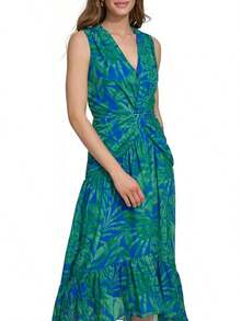 DKNY - Vestido de Manga Corta abombada hasta la Rodilla con Cierre Trasera expuesta - Iris Combo Nuevo - Ver 2