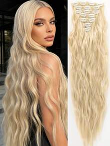 18-30 Inch Long Wavy Clip-In Hair Extensions, 7pcs/Set, Thickened Hair Pieces, Invisible Clip Design, Soft Synthetic Fiber, Black, For Women - Gold - View 3