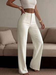 Women's Solid Color Wide Leg Straight Casual Pants, Minimalist Business Versatile Commuter Trousers, Quiet Luxury - White 2 - View 5