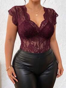 Lace Deep V-Neck Short Sleeve Sheer Bodysuit, Made Of Slightly Stretchy Fabric, Sexy Women's Lace Bodysuit For Spring And Summer - Burgundy - View 4