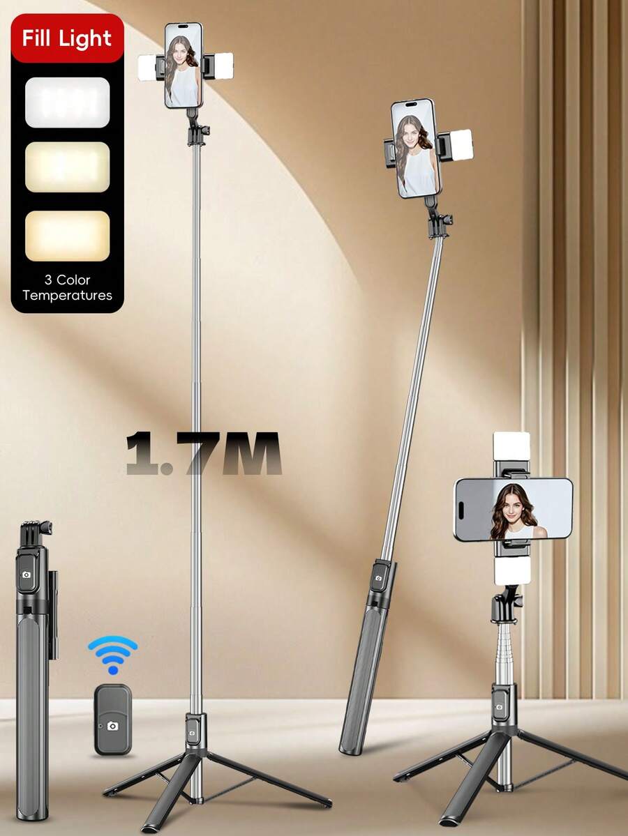 1.7m 新款藍牙自拍棒，可旋轉可拆卸手機支架，加固框架，穩定三腳架，附LED補光燈，伸縮式，攝影助手，相容多款手機型號，適合夏季度假、旅行、戶外活動、直播、穩定錄影、旅行錄影設備