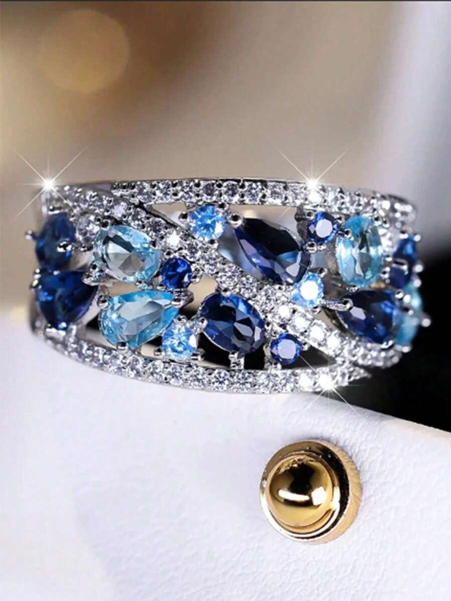 1pc Royal Blue Crystal Teardrop Stone Ring Simulated Aquamarine Engagement Ring Daughter Mom Relative Gift - Silver - View 1