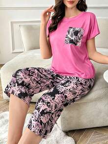 Conjunto de pijama casual para mujer con cuello redondo, bolsillo y pantalón capri de tela de punto estampada, conjunto de pijama amarillo, conjunto de pijama de verano, pijama amarill - Burdeos - Ver 1