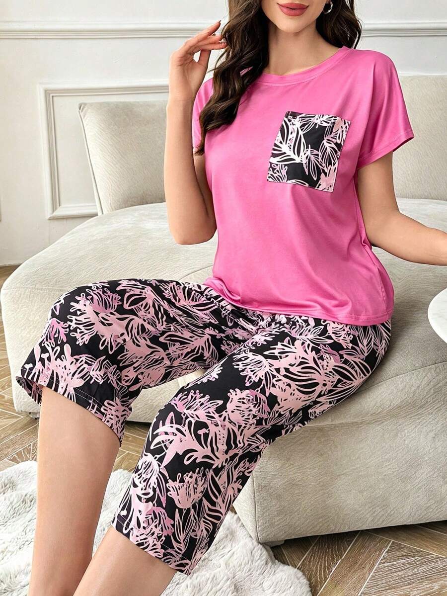 Conjunto de pijama casual para mujer con cuello redondo, bolsillo y pantalón capri de tela de punto estampada, conjunto de pijama amarillo, conjunto de pijama de verano, pijama amarill - Burdeos - Ver 1