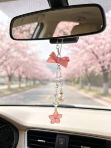 Bowknot Cherry Blossom Car Rearview Mirror Pendant, Crystal Pearl Beaded Car Hanging Decoration, Girly Car Interior Decor, Pink Bow Pearl Pendant Car Rearview Mirror Hanging Ornament, Crystal Bead Chain Style, Universal Car Interior Decoration Accessory - Cherry Blossoms - View 7