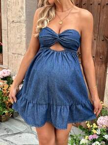Vestido tubo vaquero de maternidad con abertura retorcida en el busto, apto todo el año, para primavera/verano, vacaciones, vestidos de verano - Azul - Ver 4