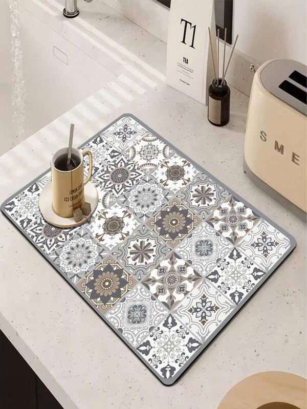 1pc Diatomaceous Earth Coffee Mat, Light Gray Fine Edged With White Base, Composed Of Gray, Brown, And Beige Vintage Moroccan Square Tile Mosaic, Each Tile Featuring Symmetrical Intricate Mandala Floral Pattern, Overall Gentle Vintage European Geometric Floral Tile Collage Design