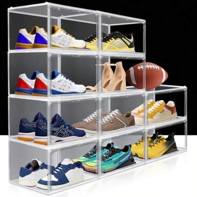 Shoe Display Case With Magnetic Acrylic Door, Clear Sneaker Storage Box Fits Size 12.5, Stackable Closet Organizer, Easy Assembly, 1 Pack