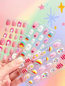 192pcs-8Box Kawaii Children Acrylic Fake Nails, Full Cover Glitter Cute Spring/Summer Pineapple, Unicorn, Penguin, Flamingo, Rainbow, Heart Short Press-On Nails Set For Kids, With 1 Nail File And 8 Jelly Stickers ﻿ - Multicolor - View 7