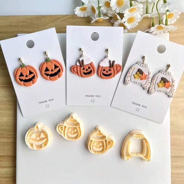 Cortador de arcilla con forma de suéter, taza de café, calabaza y calavera de Halloween de otoño - Juego para hacer joyas, adecuado para moldes de arcilla de la serie de otoño, perfecto para decoración creativa DIY, aretes, broches, mostrando elementos de moda de Halloween y detalles intrincados