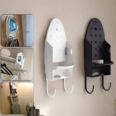 1pc Wall-Mounted Electric Iron Storage Rack, Available In Black And White, Contoured Design Fits Iron Shape, Multi-Hole Back Design Supports Drilling And Nail-Free Installation, Stable Placement Prevents Slipping, Bottom Dual Hooks For Storing Power Cord, Steamer Accessories, Hangers And Other Small Items, Integrated Storage Solution