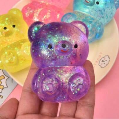 1pc Squishy Glitter Bear Stress Ball With Futuristic Gradient Flowing Light Design, Colorful Light Effects On The Ball Surface Flow With Pressing Rhythm, Like Kneading The Galaxy In Your Palm, Paired With Cute Sitting Bear Shape And Jelly-Like Soft Touch, Can Also Be Used As An Exquisite Desktop Decoration To Brighten Up Your Office Space