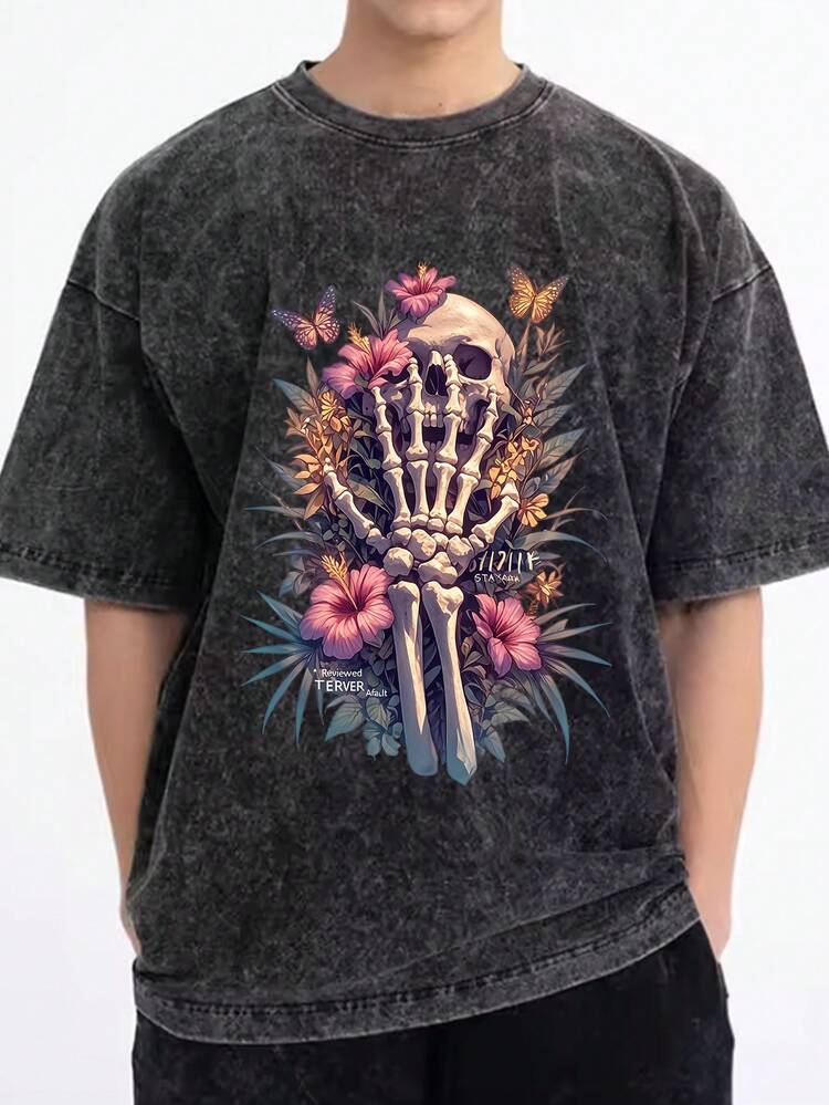 Camiseta Vintage para Hombre con Estampado de Calaveras y Flores - 100% Algodón, Estilo Urbano Holgado, Estampado Artístico de Esqueletos y Plantas, Lavable a Máquina, Camiseta Casual de Ver - Negro - Añade 1