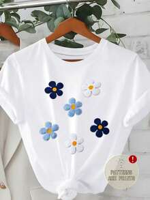 Women's Plus Size White Short Sleeve Crew Neck T-Shirt With Flower Pattern High Elasticity Fashionable Casual Summer Style - 黑色 - 查看 1