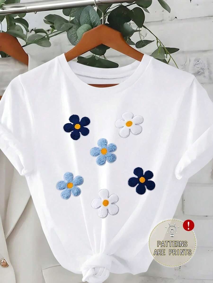 Women's Plus Size White Short Sleeve Crew Neck T-Shirt With Flower Pattern High Elasticity Fashionable Casual Summer Style - 黑色 - 查看 1