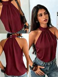 1pc Solid Color Woven Fabric Elegant Women's Blouse For Evening Date, Holiday, Vacation, Daily Wear Summer