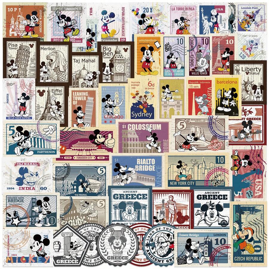 50PCS Disney Vintage Mickey Stamps Stickers Cartoon Cute Graffiti Decals For Laptop Scrapbook Luggage Diary Sticker - Multicolor - View 1