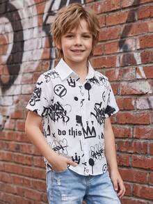 1pc Young Boy Black & White Splatter Short Sleeve Polo Collar Graffiti Crown & Letter Print T-Shirt, Cool Boys Shirt, Summer Kids Casual Polo Shirt, Suitable For Local Children's July 4th Shirt, 5 Years Old Boys Clothing, Clothing, Kindergarten Shirt - White - View 2