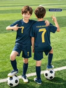 [Custom-Made] Personalized Name 2 Pieces Set, Boys & Youth Casual Soccer Jersey Riyadh Victory Away No.7, Round Neck Short Sleeve Shirt And Shorts Set, Quick-Dry Breathable Polyester Fabric, Suitable For Sports, Training, Casual Wear, Outdoor Activities,Multi-Functional,Ornamental,Letter,Stylish,Modern,Colorful,Cute,Adorable,Casual,Soft,Custom,Personalised,Unique,Customized,Baby Gifts,Ideal Gifts For Him,Ideal Gifts For Her,Son,Daughter - Dark Green - View 6