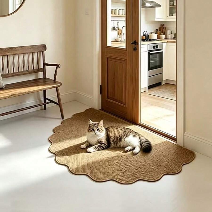 1pc Faux Sisal Asymmetrical Wavy Edge Doormat, Semi-Circular Wavy Design, Hand-Cut Delicate Texture Entryway Mat, Pet-Friendly Scratch-Resistant Wear-Resistant Mat, Natural Style Decorative Foot Mat For Hallway And Bedroom, Asymmetrical Size, Cutting Error 1-5cm, Decorative Rug, Bedroom Decor, Small Rug, Home Decor, Living Room Small Rug, Bedroom Rug, Outdoor Rug, Washable Rug - C - View 1