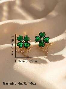 1 par de pendientes de botón con flor de trébol de strass verde esmeralda, joyería elegante para mujer para fiesta de noche - Pendientes de trébol - Ver 5
