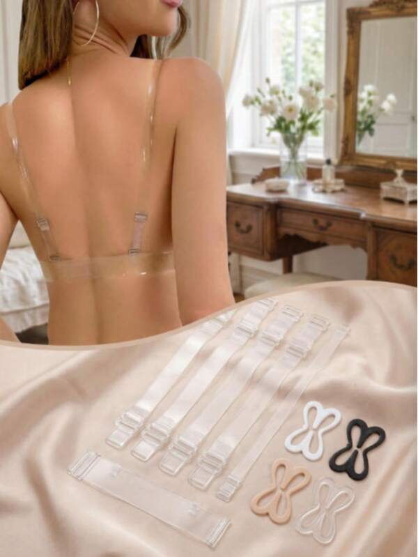11/6/4pcs Invisible Transparent Bra Strap & Anti-Slip Bra Clip Set, Adjustable Clear Straps With Butterfly Bra Strap Buckle, Women's Strapless Dress Underwear Accessories