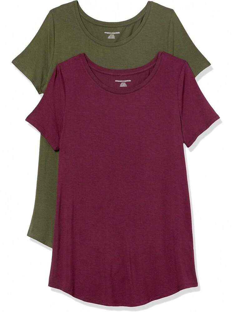Essentials Mujeres Túnica de Manga Corta con Escote Redondo, Verde, 2 Count - Negro/Rosa oscuro - Añade 21