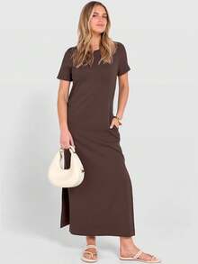 ANRABESS - Vestido largo casual de verano para mujer, manga corta, cuello redondo, dividido, sin arrugas, para viajes, playa, día festivo - Verde bosque - Ver 7