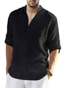 VictorFit Camisa de algodón y Lino para Hombre, Manga Larga, Estilo Hippie, Casual, para la Playa - Gris - Ver 9