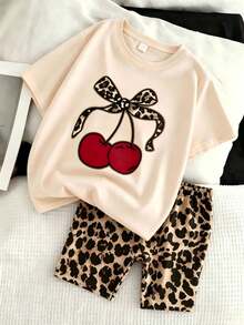 Girls' Summer Fashion Set, Beige Short Sleeve T-Shirt With Leopard Print & Cherry Pattern, Paired With Matching Leopard Print Sports Shorts, Loose Casual Versatile, Suitable For Daily Wear And School - Multicolor - View 1