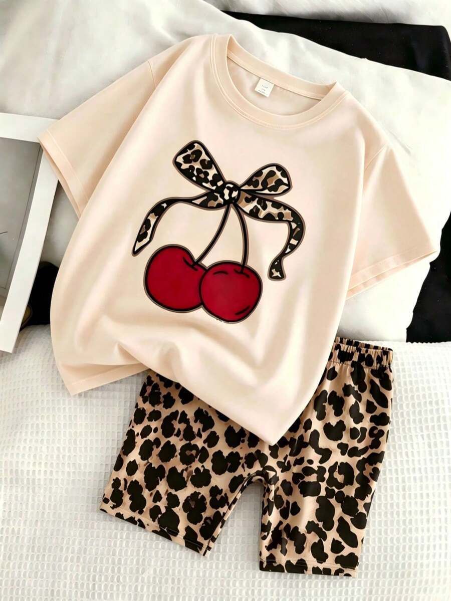 Girls' Summer Fashion Set, Beige Short Sleeve T-Shirt With Leopard Print & Cherry Pattern, Paired With Matching Leopard Print Sports Shorts, Loose Casual Versatile, Suitable For Daily Wear And School - Multicolor - View 1