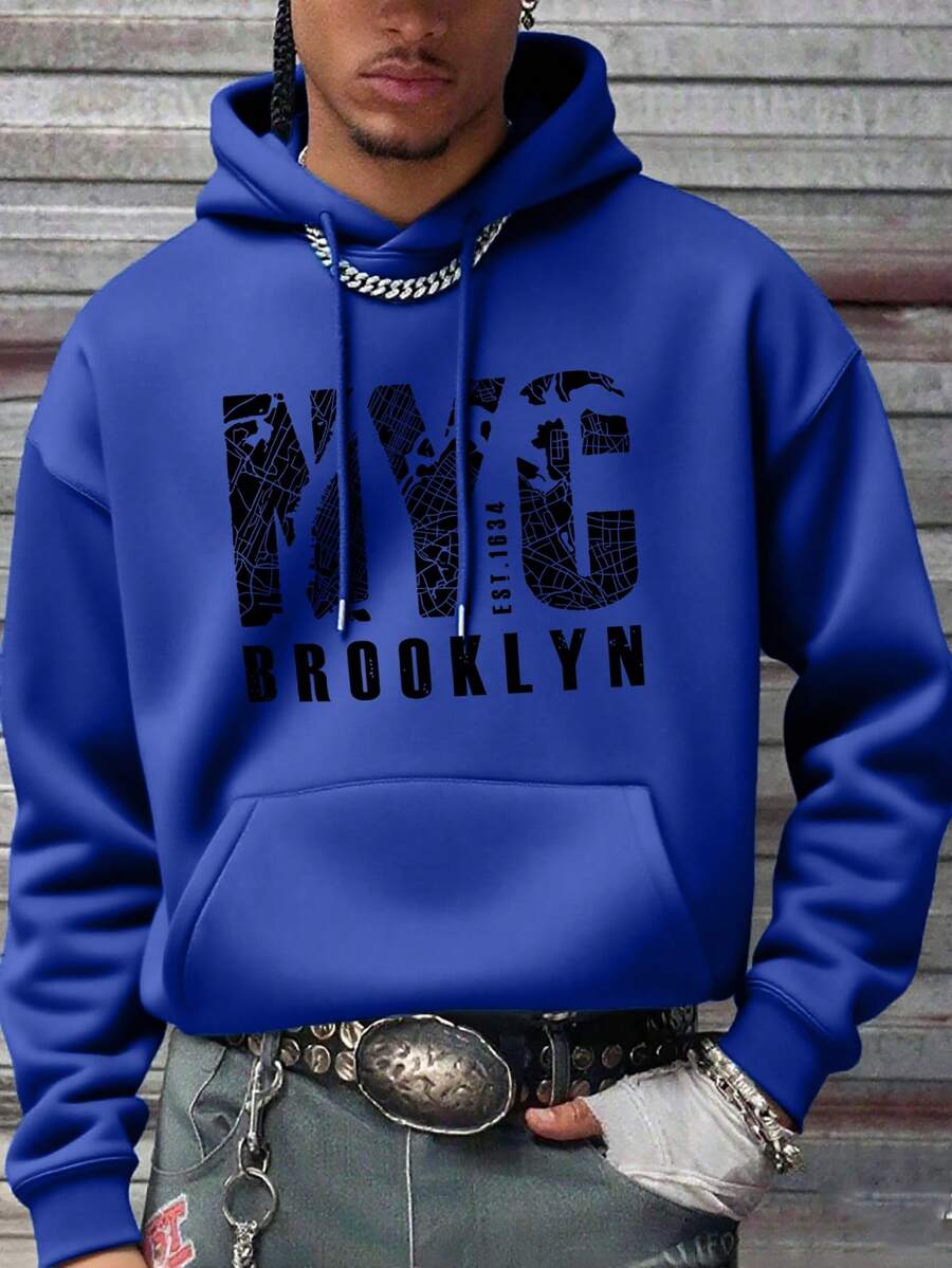 男士休閒街頭風春秋款 NYC 標語印花口袋抽繩連帽衛衣 - 藍色 - 查看 1