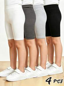 4pcs Girls' Thin Vertical Striped Cropped Leggings, Soft & Comfortable Minimalist All-Match Daily Wear, Spring & Autumn - Multicolor - View 1