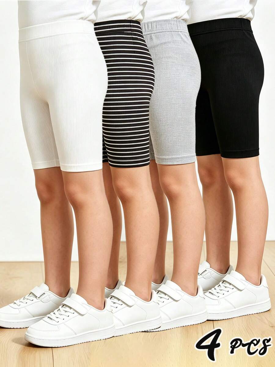 4pcs Girls' Thin Vertical Striped Cropped Leggings, Soft & Comfortable Minimalist All-Match Daily Wear, Spring & Autumn - Multicolor - View 1