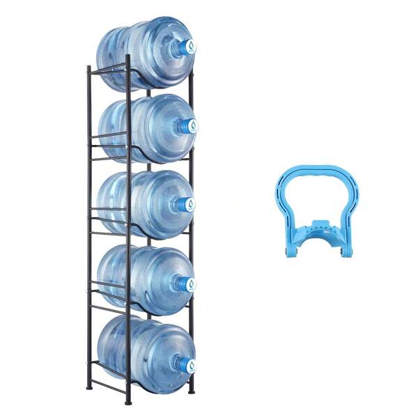 [Regalo del Día del Padre] Soporte para garrafas de 5 niveles, soporte para botellas de 5 galones, estante para botellas de una sola para 5 botellas, estante resistente para garrafas de cocina, oficina, sala de estar, organizador negro ajustable
